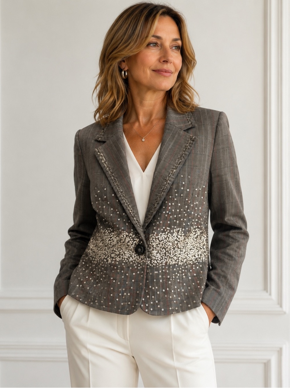 Women's Tan Pinstriped Sequin Blazer